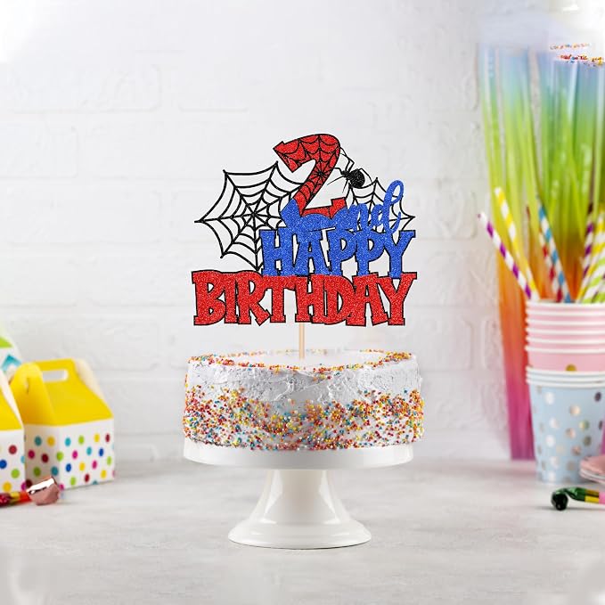 1 PCS Happy 2nd Birthday Cake Topper Glitter Spider Web Cheers to 2 Years Two Birthday Cake Pick Superhero Spider Party Cake Decorations for Kids Boys Girls Happy Second Birthday Party Supplies