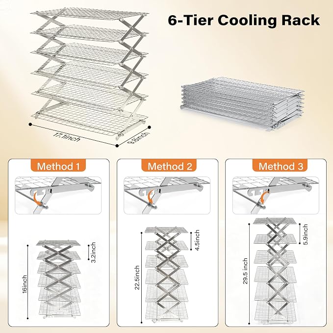 6 Tier Upgraded Collapsible Cooling Rack with Adjustable 3 Setting Design, Stackable Baking Rack with Clean Brush, Roasting Cooking Drying Wire Cooling Rack for Cookies Baking Roasting ＆ Grilling