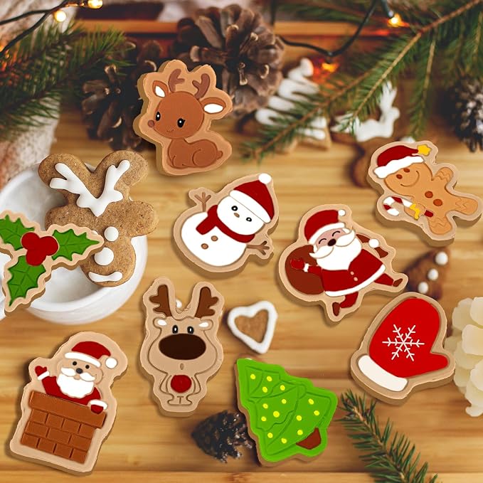 Roshtia 24 Pieces Christmas Cookie Cutters Stamps Mini Embossing 3D Plastic Cookie Stamps Snowman Santa Christmas Tree Reindeer Baking Mold for Xmas Winter Birthday Party Supplies