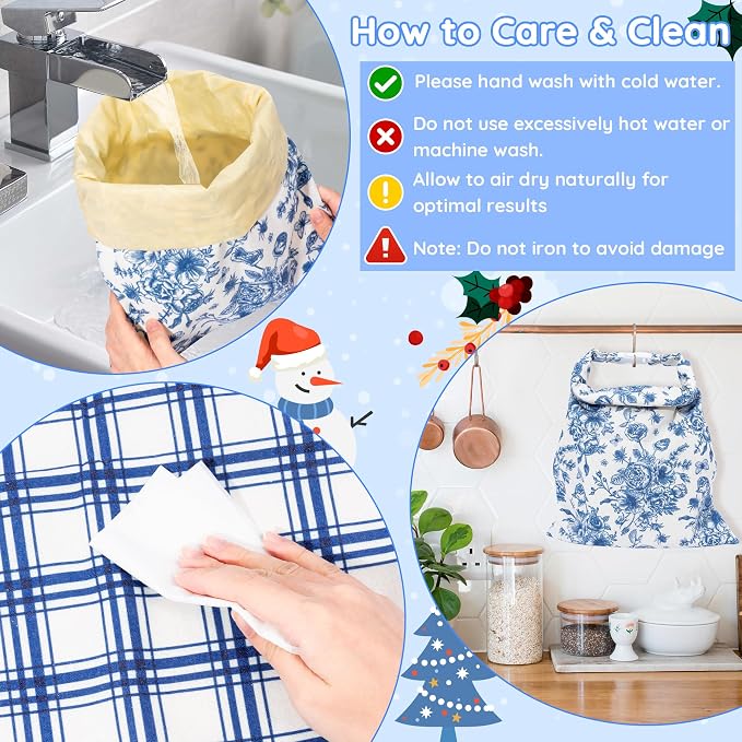 Reusable Beeswax Bread Bags - 2 Pack Bees Wax Homemade Sourdough Bread Storage Bags, Linen Cotton Large Beeswax Freezer for Home Kitchen Baking (Blue White Checkered, Flower)