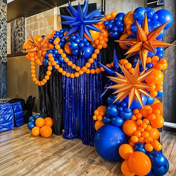 Orange and Blue Balloon Arch Garland Kit, Royal Blue Metallic Gold Orange Balloons with Star Foil Balloons for Boy Men Birthday Party Graduation Decorations Baby Shower Backdrop