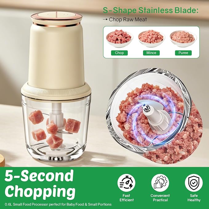 Baby Food Maker with Glass Bowl and Stainless Steel Blades, Small 300W Electric Food processor Vegetable Chopper for Home Kitchen, Baby Food Puree Blender for Fruit, Meat, 20oz, White (0.6L)