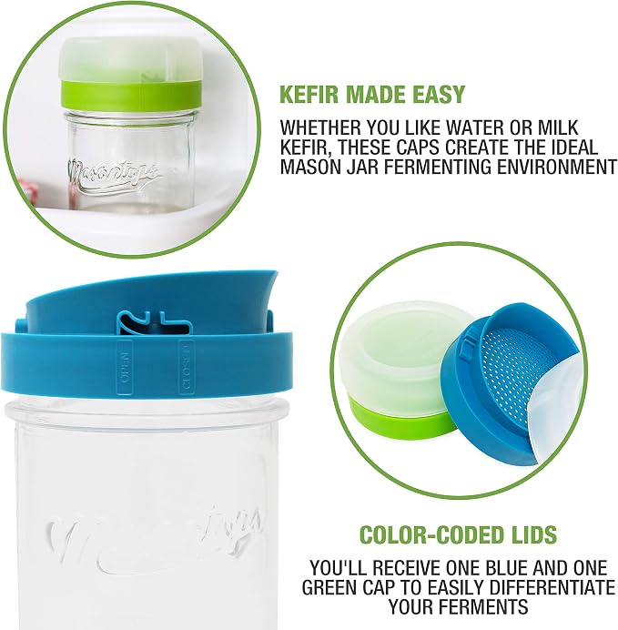 Masontops Kefir Caps - Wide Mouth Mason Jar Lids - Water Kefir Grains Strainer Mason Jar Kefir Jar - Home Water Kefir Starter Kit Kefir Fermenter Container - 4 Pack