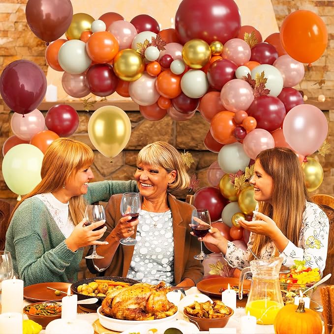FunHot Thanksgiving Balloon Arch Kit, Fall Balloon Garland Kit with Orange Burgundy Yellow Pearl Rose Gold Metallic Gold Balloons for Baby Shower Wedding Anniversary Fall Thanksgiving Party Decoration