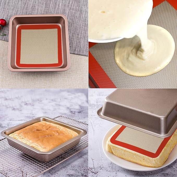 Silicone Baking Mats for 8 inch Square Cake Pan, Non-stick Reusable Cookie Sheet Liner for Baking Pan, Professional Food Grade Oven Liner Sheets Mats for Bread/Toast/Pastry/Cookie/Pie/Pizza 2 PCS 8x8