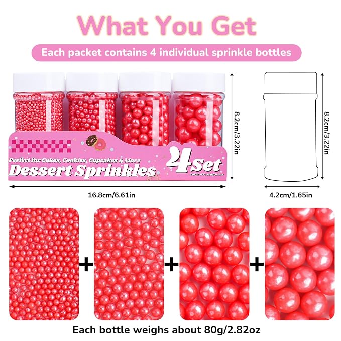 Red Pearl Sprinkles for Cake Decorating, 11.3oz/320g Edible Pearls Sugar 4 Jars Set for Baking Cupcake Cookie Ice Cream