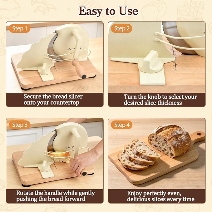 Manual Bread Slicer for Homemade Sourdough Bread, Classic Sourdough Bread Slicer with Scale Line and Stainless Steel Blade, Adjustable Thickness&Evenly Slicing, Cream
