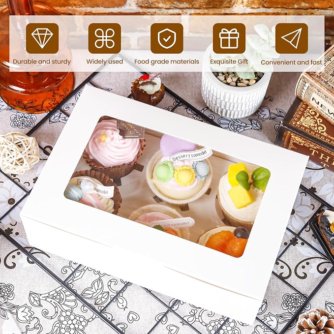 NPLUX 30 Pack Cupcake Boxes with Inserts 6 Holders, White Standard Bakery Boxes with Window Food Grade Cupcake Containers for Muffins,Gift Treat Boxes for Cupcakes