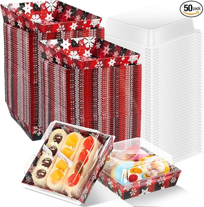 Potchen 50 Pack Bakery Boxes with Clear Lids, Disposable Charcuterie Treat Boxes for Cookies, Donuts, Cupcakes, Candy and Mini Cake, Party Favor for Wedding and Gift Giving (Red and Black Snowflakes)