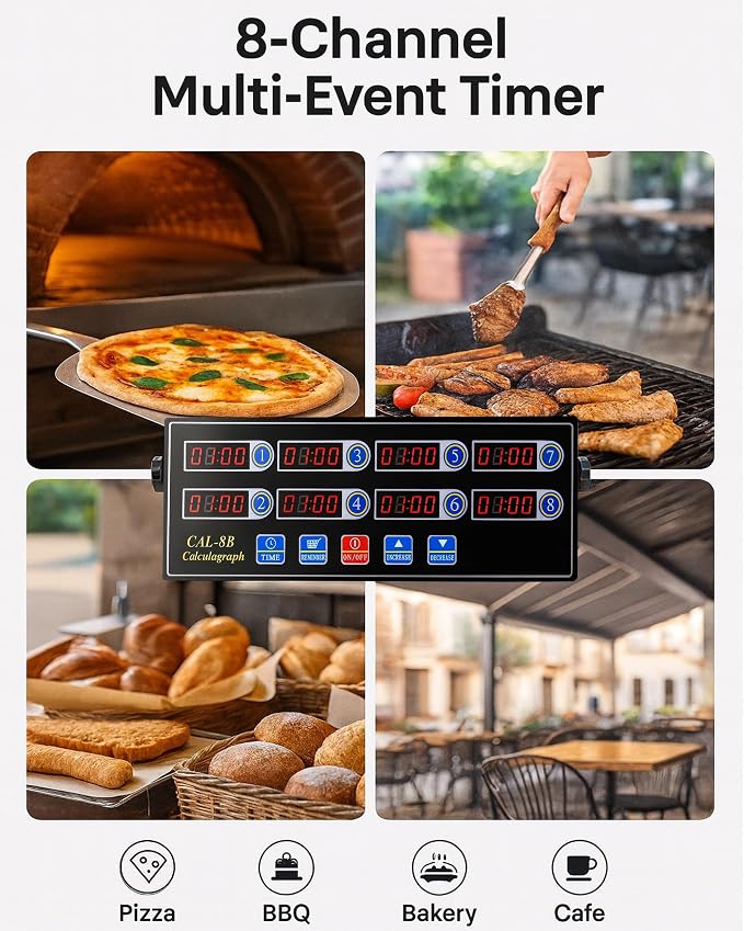 Commercial 8 Channels Digital Kitchen Timer, Stainless Steel Calculagraph Timer with Loud Alarm for Restaurant, Clock Reminder on Multiple Events