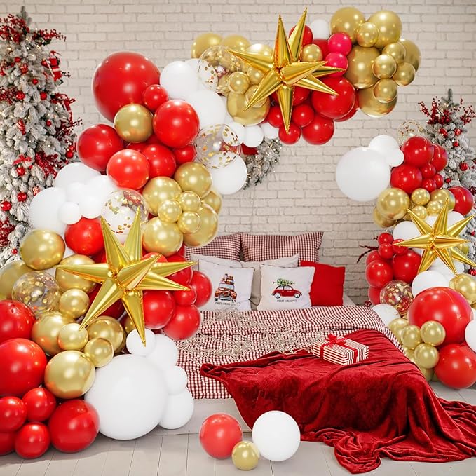 Bonropin 161pcs Red Gold and White Balloons Garland Arch Kit - 5/10/12/18in Red, Gold, White, Explosion Star Balloons for Valentine's Day Birthday Engagements Anniversary Party Decoration