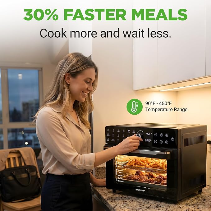 NutriChef 32 Quart Air Fryer & Oven | Digital Airfryer with 20 Presets, Dual Cook, Rotisserie, Bake & More | Multi-Function Convection Countertop Oven | Large Capacity | 18" x 17" x 14 | Black