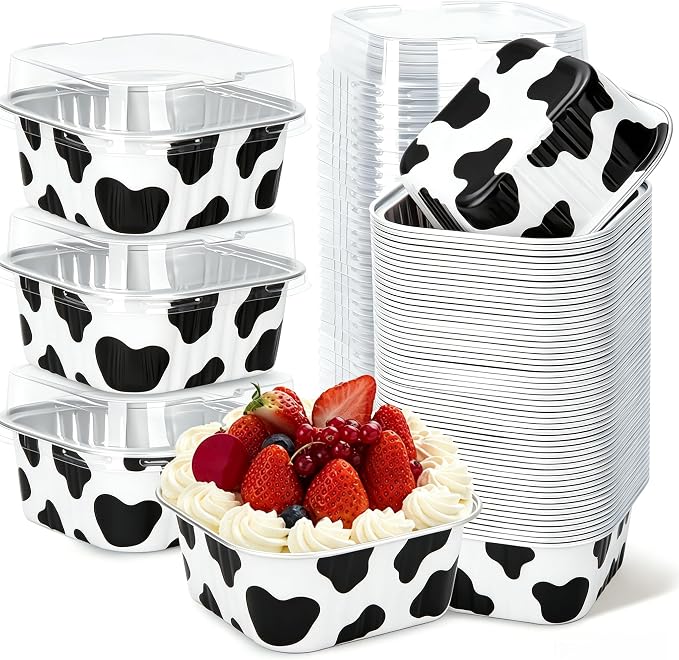 100Pack 5oz Cow Mini Cake Pans with Lids Baking Cups Aluminum Foil Pans Tins, Individual Dessert Cups Containers for Sales,Party,Picnics