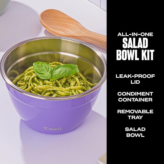 S'well Stainless Steel Salad Bowl Kit 64oz, Hillside Lavender, Comes with 2oz Mini Canister and Removable Tray for Organization, Leakproof, Easy to Clean, Dishwasher Safe (Pack of 8)