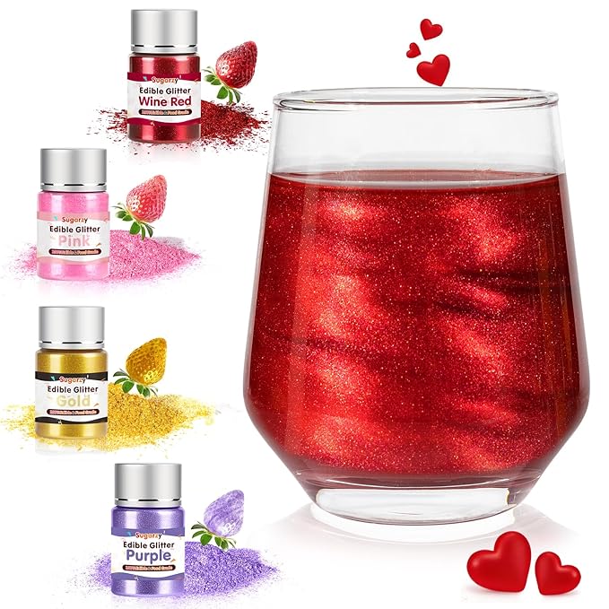 4 Colors Edible Glitter Set (8g/Bottle),Gold Red Purple and Pink Powder,Food Grade Shimmer Dust for Drinks & Baking,Vegan & Gluten-Free,Perfect for Birthday,Patriotic Holidays Party,Cocktails,Wine,Cakes,Cupcakes,Strawberries Decorating
