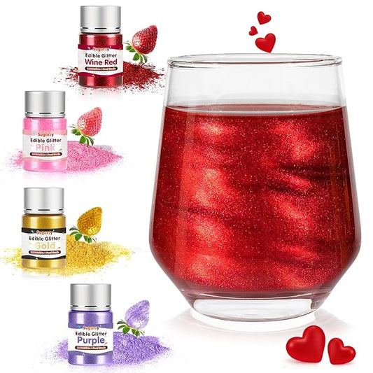 4 Colors Edible Glitter Set (8g/Bottle),Gold Red Purple and Pink Powder,Food Grade Shimmer Dust for Drinks & Baking,Vegan & Gluten-Free,Perfect for Birthday,Patriotic Holidays Party,Cocktails,Wine,Cakes,Cupcakes,Strawberries Decorating