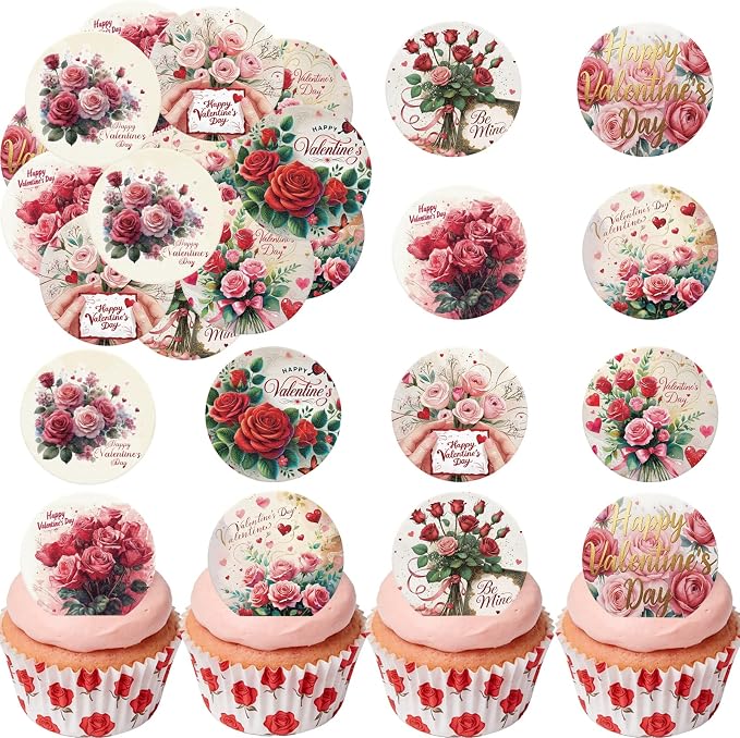 36PCS Edible Happy Valentine’s Day Cupcake Toppers Wafer Paper Roses Be Mine Kiss Me Cupcake Picks Valentine’s Cake Decor for Valentine's Day Theme Wedding Party Supplies