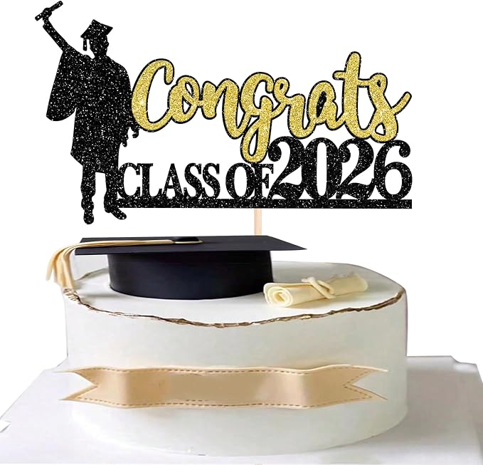 1 Pack Congrats Class of 2026 Cake Toppers Glitter Graduation Boy Cake Picks 2026 Graduation Cake Decorations for Theme High School Boys Graduate Cake Decorations Party Supplies Gold Black