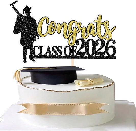 1 Pack Congrats Class of 2026 Cake Toppers Glitter Graduation Boy Cake Picks 2026 Graduation Cake Decorations for Theme High School Boys Graduate Cake Decorations Party Supplies Gold Black