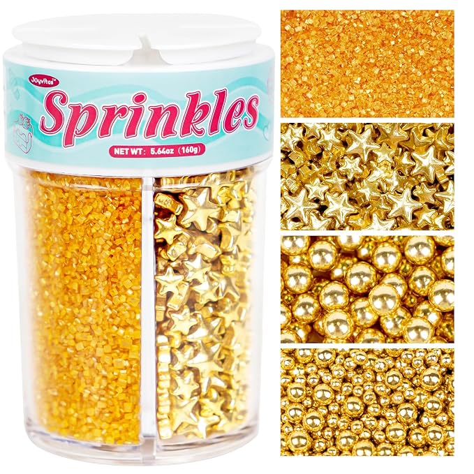 Edible Gold Pearl Sprinkles for Cake Decorating, 160g/5.64oz, Gold Sugar Sanding and Star Sprinkles for Cupcake, Cookie, Baking Cake Decorations, Holiday, Wedding Party, Valentine's Day Supplies
