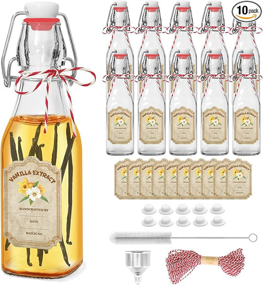10 Pack Swing Top Glass Vanilla Extract Bottles 8 oz with Lids, Vanilla Labels & Funnel, Boston Square Bottles for Homemade Syrup, DIY Gifts, Flip Top Jars for Extract