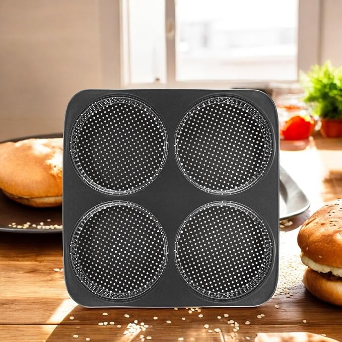 BuleVina 5 Inch Hamburger Bun Pan, Non-Stick Carbon Steel Bread Mold, 4 Cavity Cup Big Baking Pan for Homemade Hamburger Buns, Nonstick & Heat Resistant Burger Bun Mold