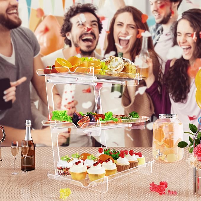 Bakzon 3 Tier Acrylic Serving Tray, 15.3" x 7.1" Dessert Table Display Set Stand for Party, Desserts, Fruits, Cookies – Reusable Collapsible Tiered Platters for Cupcakes, Veggies, and Sweet Treats