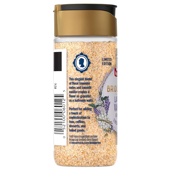 McCormick Bridgerton Finishing Sugar, Lavender Vanilla, Limited Edition, Floral Lavender Notes, Smooth Vanilla Flavor, For Cakes, Cocktails, Matcha Tea, and More, 3.45 oz