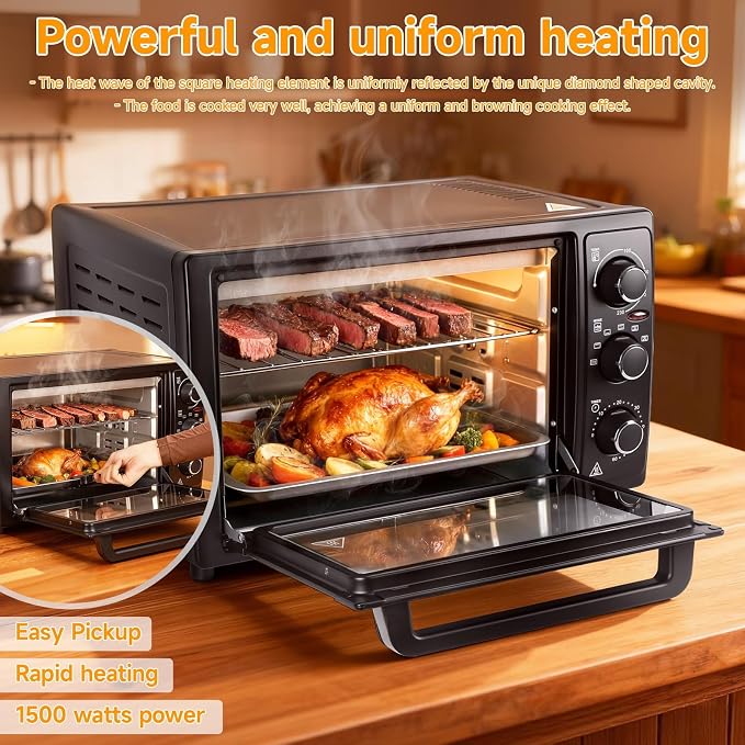 34QT/32L Kitchen Convection Oven, 1500W, Multi-Functional Countertop Toaster Oven with 60-Min Timer, Crispy Roast, Dehydrate, Rotisserie, 6 Accessories Included Black