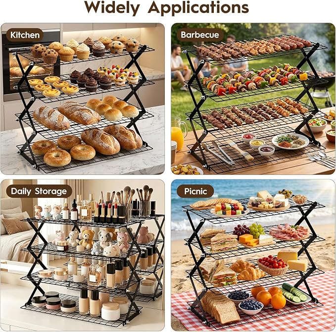 4 Tier Collapsible Cooling Rack - Upgraded Adjustable Heavy Duty Cooling Rack with 4 Setting Stackable Design - Space-Saving Folding Wire Bread Cookie Racks Cooling Baking Gifts for Women Black