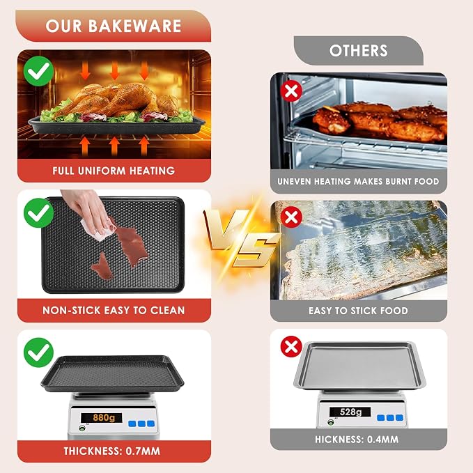Baking Sheet Pan Set of 3, Nonstick Carbon Steel Cookie Sheets with Texture | Commercial Half/Quarter/Jelly Roll Pans Replacement Toaster Oven Tray, Heavy Duty & Easy Clean, Black
