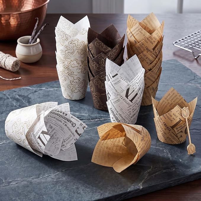 200 Pcs Newspaper Tulip Cupcake Liners for Baking, Newspaper and Stripe | Standard Greaseproof Tulip Muffin Liners for Baking, 3oz Paper Cupcake Wrappers for Party Wedding Birthday