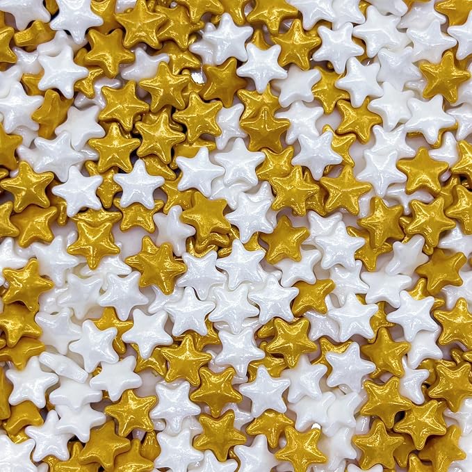 10mm Gold & White Sprinkles Edible Stars Cake Decorating Stars Cake Decorations Cupcake Toppers Cookie Decorating Perfect for Cakes,Cupcakes,Desserts Toppings 3OZ