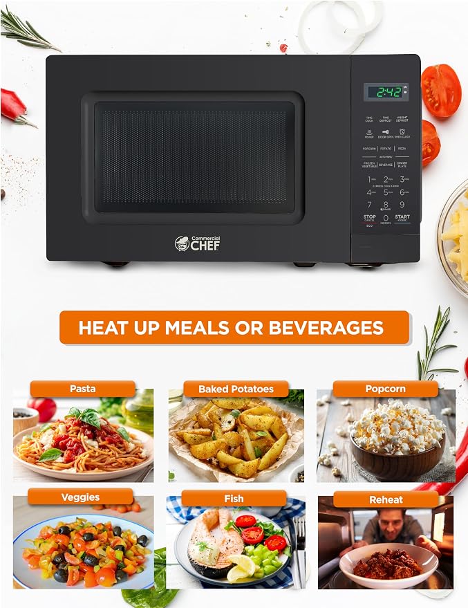 Commercial Chef 0.7 Cu. Ft. Countertop Microwave Oven, Touch Controls with Digital LED Display, 700W Small Microwave with 10” Turntable Plate, Push Button Door, 10 Power Levels, CHM7MB, Black