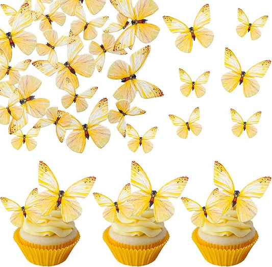 Ephlyn 72Pcs Edible 3D Realistic Cupcake Toppers - Cute Butterfly Cake Picks for Baby Shower, Boys Girls Birthday Party Decorations - Yellow