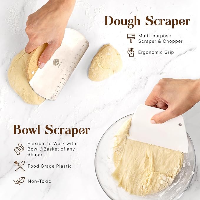 ABIOTO Sourdough Bread Baking Kit - 17-Piece Artisan Set with 9" Round & 10" Oval Rattan Baskets, Slings, Baking Mat, Bread Lame, Danish Whisk & Scrapers