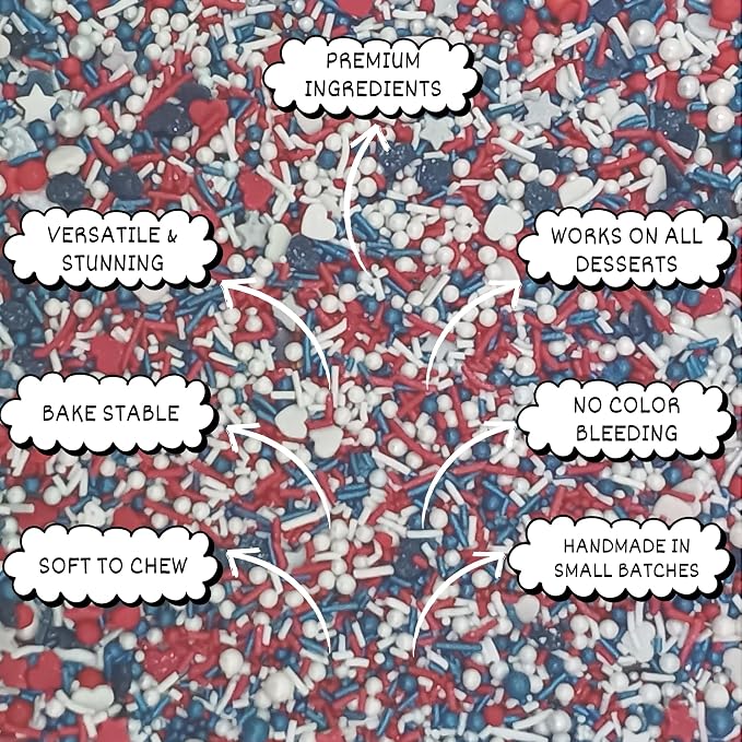Confect Cake Mate Dessert Sprinkles – Edible Red, White & Navy blue Heart, Star, Pearl & Vermicelli Sprinkles – Toppings for Cake Decorating, Baking, Cupcakes, Cookies & Ice Cream | Vegan, Gluten-Free, Soy-Free, Dairy-Free, Palm Oil-Free- 4.2 Oz