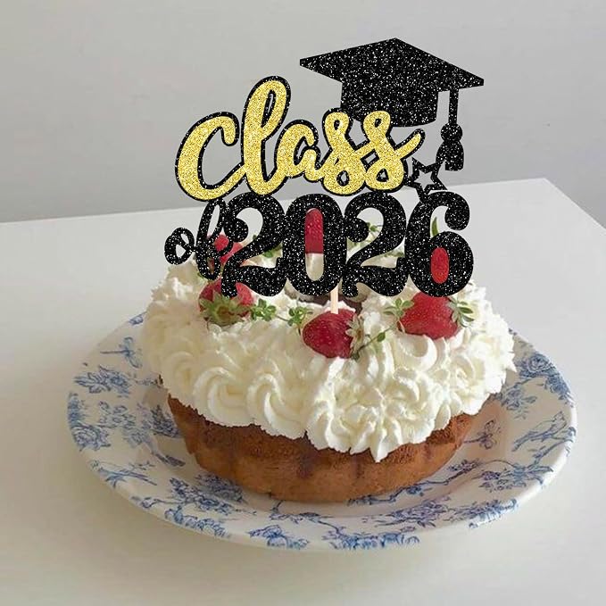 1 Pack 2026 Graduation Cake Topper Glitter Grad Cap Diploma 2026 Senior Graduation Cake Pick for 2026 School Theme Party Cupcake Decoration Supplies Green Black