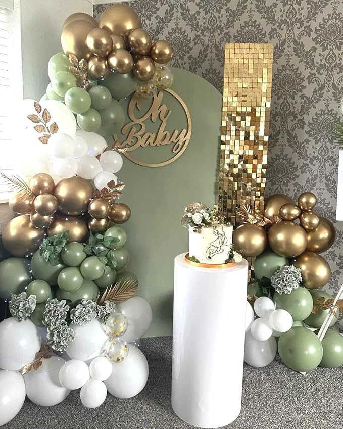 Sage Green White Gold Balloon Arch Kit, 156Pcs Latex Balloons Different Sizes 18 12 10 5 Inch Party Balloon Garland Kit for Baby Shower, Wedding, Engagements, Birthday, Anniversary Decorations