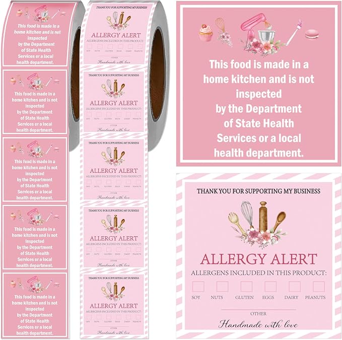 1000 Pcs Cottage Food Law Labels Stickers Allergen Warning Sticker | Baked with Love, Homemade Kitchen Inspection Statement Decals, Bakery Labels Stickes, DIY Crafts Homemade Bakery Baked Food