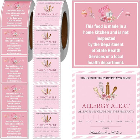 1000 Pcs Cottage Food Law Labels Stickers Allergen Warning Sticker | Baked with Love, Homemade Kitchen Inspection Statement Decals, Bakery Labels Stickes, DIY Crafts Homemade Bakery Baked Food