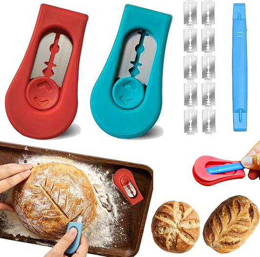 2pcs Magnetic Bread & Sourdough Lame Tool Set, Scoring Tool for Sourdough Bread, 10pcs Stainless Steel Blades, 2-in-1 Magnet Box Cutter, Multi-Use for Baking Office Picnics Kitchen Home (Red&Blue)