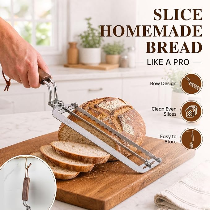Adjustable Bread Bow Knife Sourdough Slice, 10.5 Inch Bread Cutter Set with Bread Lame, 5 Replacement Blades, Leather Pouch & Gift Box, Premium Bread Lover Gift for Bakers