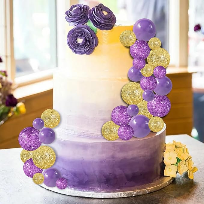 BEISHIDA 40 Pcs Ball Cake Toppers Mini Balls Cake Decorations Purple Gold Foam Balls DIY Cake Topper for Baking Congrats Grade 2026 Graduation Birthday Mardi Gras Lakers Decorations (Purple Gold)