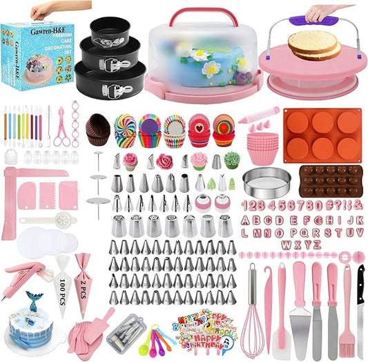 Gawren-H&E 678pcs Cake Decorating Kit,Cake Baking Suppplies with Decorating Tools,Cake Carrier,Springform Pans,Piping Bags and Tips Set,Turntable,Cake Decorating Supplies for Beginners/Professional