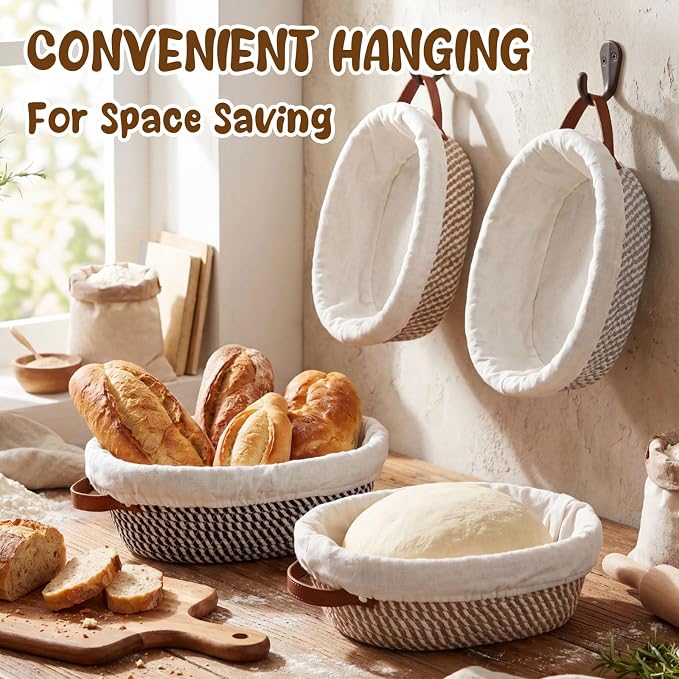 4 Pack Oval Banneton Bread Proofing Basket Set, 10'' Natural Cotton Rope Sourdough Proofing Basket with Liners & Handle Artisan Sourdough Bread Baking Supplies for Home Bakers(Neutral)