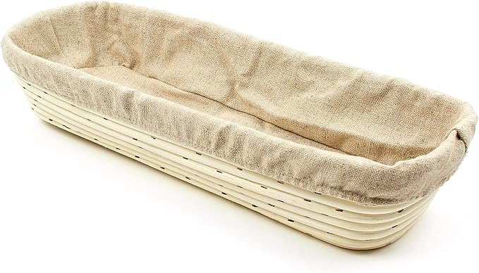 Vollum Banneton Bread Proofing Basket & Liner – Handmade Rustic Sourdough Bread Baking Supplies, Baguette Brotform, Sour Dough Tools, Gifts for Bakers - Rectangular - 15.5 x 5.5 x 3.5"H