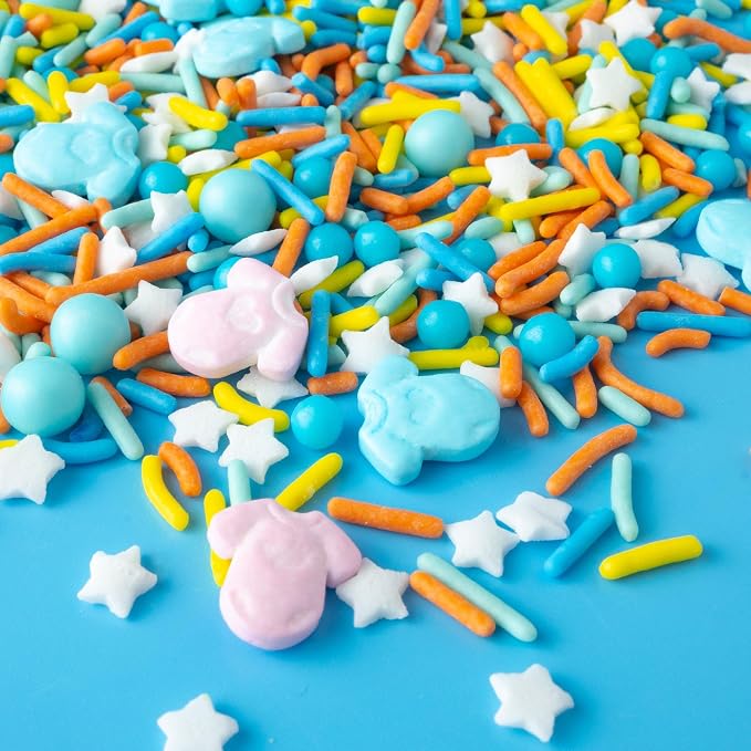 Oasis Supply Baby Shower Sprinkles & Sugar Shapes – Edible Decorations for Cakes, Cupcakes, and Cookies – Gender Reveal, Boy, Girl, and Neutral Party Baking Decorations -- Pink/ Blue Onsies with Sprinkle Mix