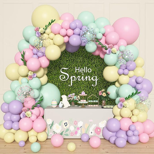 Amandir 153pcs Pastel Balloons Garland Arch Kit, Different Sizes 18 12 10 5inch Pastel Pink Yellow Green Purple Confetti Easter Balloons for Bunny Hunt Spring Baby Shower Birthday Party Decorations