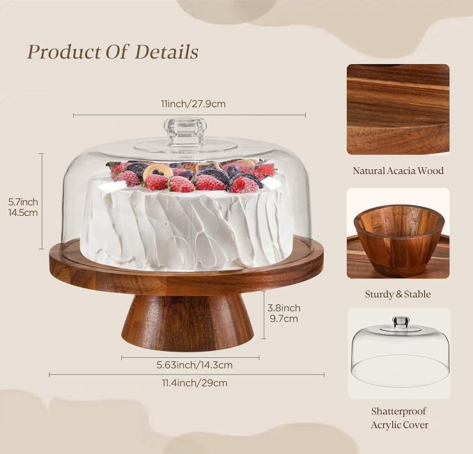Farmyards Acacia Wood Cake Stand with Acrylic Dome Lid - 12in Acacia Wood 2-in-1 Footed Round Cake Holder, Cake Plate Display with Cover for Baking Gifts, Large Dessert Table Display Set & Charcuterie Board for Parties